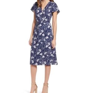 Leith Floral Wrap Midi Dress Navy White